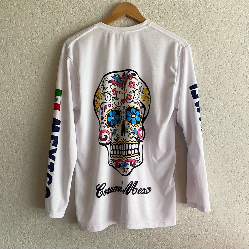 White Long Sleeve Shirt with Colorful Skull Design